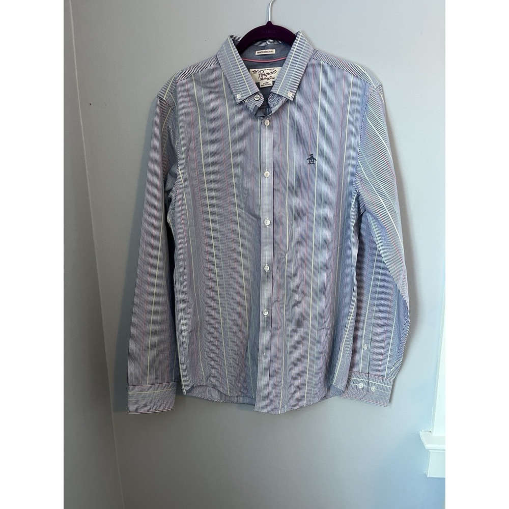 Penguin Men's Long Sleeve Cotton‎ Shirt Button Front, multicolor Striped Size S